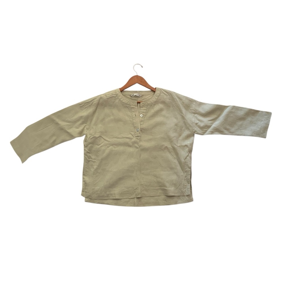 Zara Beige Linen Casual Button-Up Shirt Size XS Band Collar Long Sleeve Top